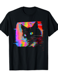 Men's T-Shirt Vivid Neon Hues With Abstract Lights Surrounding Glitch Art Black Cat