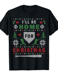 Men's T-Shirt Ill Be Home For Christmas With Snowflakes Holly And Baseball Bat