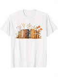 Men's T-Shirt Vintage Books With Wild Flowers And Autumn Leafs Bookshelf