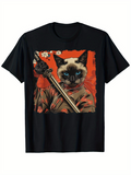 Men's T-Shirt Cherry Blossom Samurai Cat Holding A Sword Under Red Sunset
