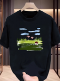 Men's T-Shirt Open Meadow With Trees And Flying Birds Under Blue Sky Mushroom