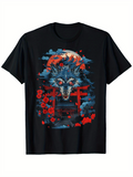 Men's T-Shirt Blood Moon Clouds With Red Torii Flowers Surrounding Fierce Wolf Head