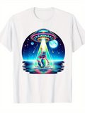 Men's T-Shirt Luminous Night With Shining Moonlight Reflecting On Calm Water Alien Spaceship