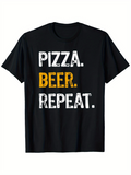 Men's T-Shirt Pizza Beer Repeat Bold Statement With Contrasting Blocky White Yellow Letters