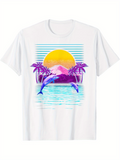 Men's T-Shirt Tropical Sunrise With Palm Trees Leaping Dolphins And Calm Ocean Water