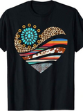 Men's T-Shirt Eclectic Colorful Striped Heart With Leopard Print Accents On Black Shirt Heart