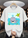 Men's T-Shirt Cartoon Grey Whale Smiling Among Blue Ocean Waves With Palm Tree