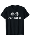 Men's T-Shirt Pit Crew Checkered Racing Flags With Bold Lettering Across Black T Shirt