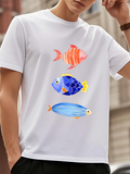 Men's T-Shirt Playful Watercolor Stripes With Vibrant Colorful Ocean Fish