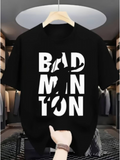 Men's T-Shirt Badminton Player Silhouette Among Bold White Block Letters Shirt