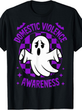 Men's T-Shirt Domestic Violence Awareness Purple Bat Decor Checkered Haunted Ghost
