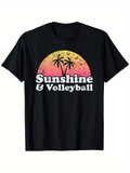 Men's T-Shirt Sunshine Volleyball With Palm Trees Birds And Sunset Silhouette Scene