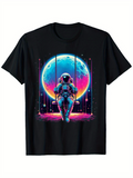 Men's T-Shirt Colorful Cosmic Landscape With Astronaut Swinging Below A Glowing Moon