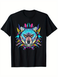 Men's T-Shirt Vivid Colorful Feathers Surrounding a Majestic Blue Wolf Face
