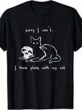 Men's T-Shirt Sorry I Cant I Have Plans With My Cat With Hand Drawn Line Art Cat Resting Beside Skull