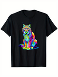 Men's T-Shirt Vivid Neon Color Strokes With Glowing Artistic Light Sitting Tiger