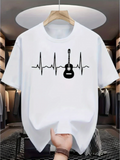 Men's T-Shirt Heartbeat Rhythm With Silhouette Guitar On White T Shirt