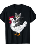 Men's T-Shirt Playful Tabby Cat Riding On White Chicken Graphic T Shirt
