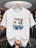 Men's T-Shirt Adorable Fluffy Gray Kitten Reading A Cute Book Cat