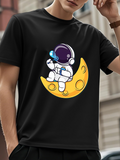 Men's T-Shirt Cute Astronaut With Blue Lights Sitting On Crescent Yellow Cheese Moon