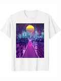 Men's T-Shirt Neon Pink Pathway Under A Vibrant Night City Skyline Sun