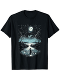 Men's T-Shirt Starry Night Lights And Reflections Over Calm River With Silhouetted Cat