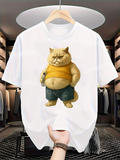 Men's T-Shirt Confident Cat Standing With Shorts And Yellow Vest Cat