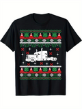 Men's T-Shirt Festive Patterned Christmas Trees With Snowflakes Surrounding A Classic Truck