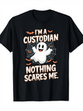 Men's T-Shirt Im A Custodian Nothing Scares Me Smiling Ghost With Spiderweb And Bats Surrounded By Halloween Elements