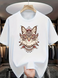 Men's T-Shirt Bohemian Inspired Tribal Feather Elements Surrounding Wild Cat