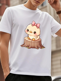 Men's T-Shirt Adorable Cartoon Chick With Pink Bow Sitting On Tree Stump