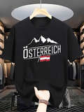 Men's T-Shirt Snow Capped Mountain Peaks Above A Bold Austria Flag Silhouette Shirt