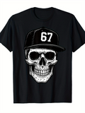 Men's T-Shirt Bold Number 67 On Monochrome Hat Featuring Menacing Skull Design