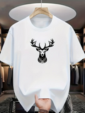 Men's T-Shirt Monochrome Antlered Deer Head Graphic Surrounded By Minimal Lines Majestic Deer