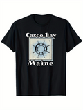 Men's T-Shirt Casco Bay Maine Vintage Ship Wheel Nautical Sketch Central Artwork