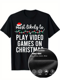 Men's T-Shirt Most Likely To Play Video Games On Christmas Holiday Lights Santa Hat T Shirt
