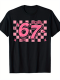 Men's T-Shirt Pink Checkered Block Pattern With Stylized Numbers And Playful Accents Seventy Seven