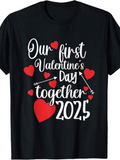 Men's T-Shirt Our First Valentines Day Together 2025 Floating Red Hearts With Cupid Arrow On Black T Shirt