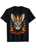 Men's T-Shirt Floral Ornaments With Autumn Leaves Surrounding Symmetrical Animal Bunny