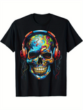 Men's T-Shirt Psychedelic Neon Swirls With Headphones Adorning A Painted Skull