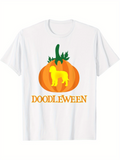 Men's T-Shirt Doodleween Golden Dog Silhouette With Bright Pumpkin And Green Leaves