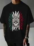 Men's T-Shirt Tribal Skull With Feathers Surrounded By Green And Red Leaves