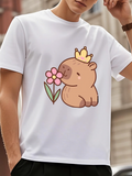 Men's T-Shirt Cute Brown Capybara Sniffing Pink Flower Wearing Yellow Crown