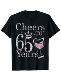 Men's T-Shirt Cheers To 65 Years Jewelled Script With Crown And Pink Glitter Wine Glass