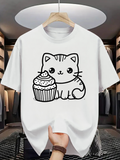 Men's T-Shirt Sweet Frosted Cupcake With Smiling Kitten Illustration Sitting Beside Cat