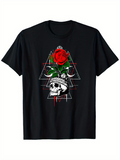 Men's T-Shirt Blooming Red Rose And Geometric Triangles Over Detailed Human Skull