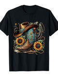 Men's T-Shirt Vibrant Sunflower Blooms With Embroidered Cowboy Boot And Western Hat