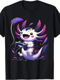 Men's T-Shirt Playful Axolotl Surrounded By Pink Feathers Holding A Game Controller