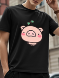 Men's T-Shirt Adorable Cartoon Pink Pig With Cute Leaf Sprout Under Sunlight Pig