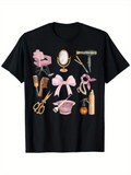 Men's T-Shirt Pink Hair Styling Tools With Mirror Curlers Scissors And Spray Bottle
